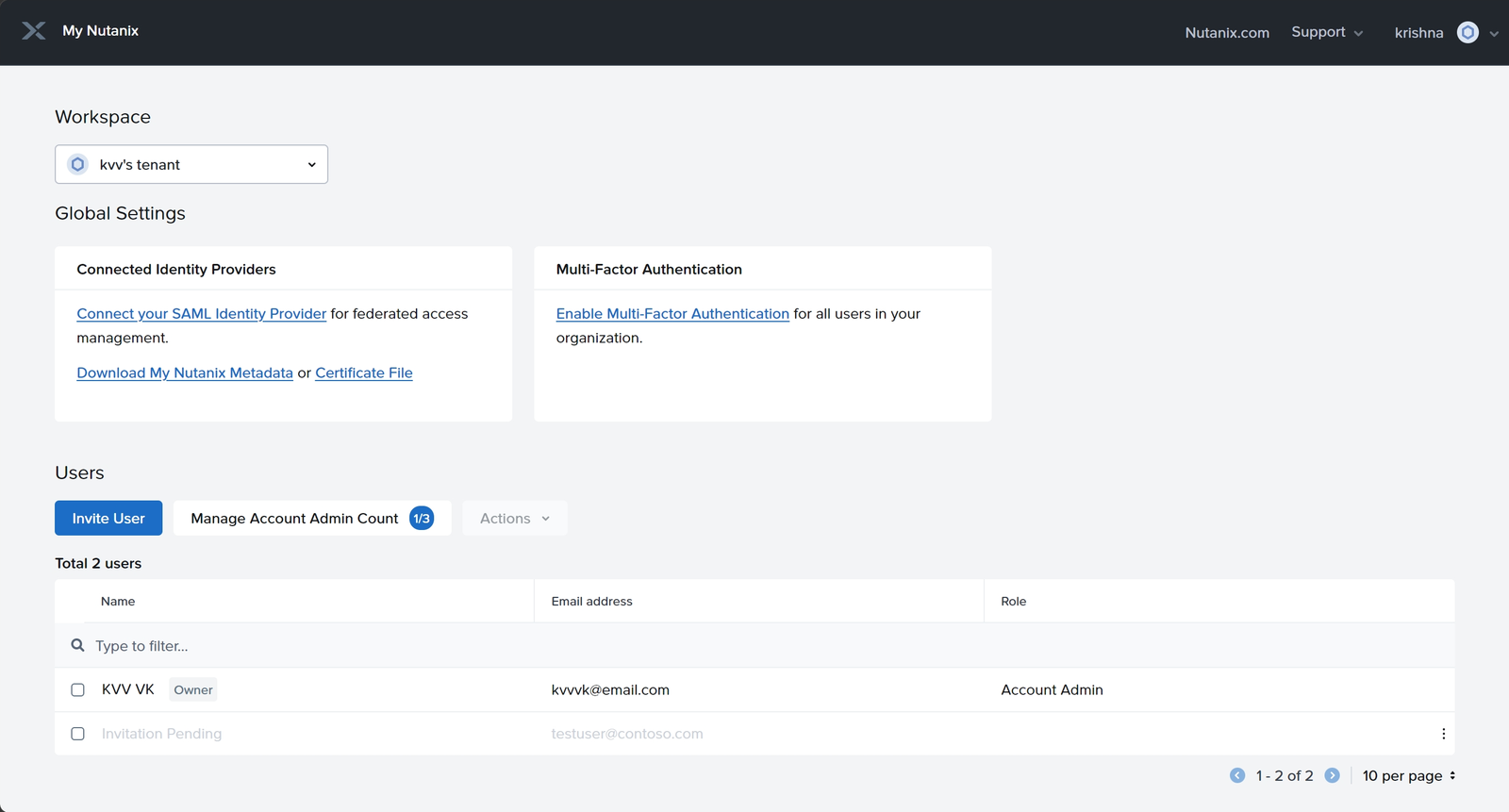 Admin Center - cloud identity and user management with SAML identity providers, multi-factor authentication, and user roles