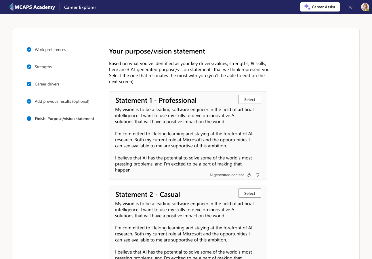 Career Explorer generating personalized purpose and vision statements from a user's inputs