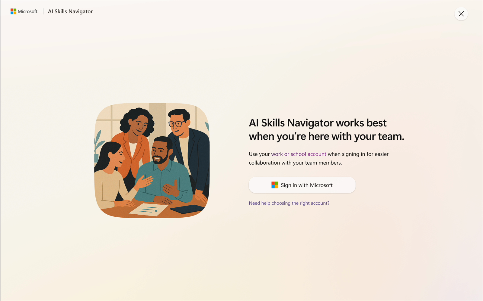 Sign-in screen with an illustration encouraging team-based learning