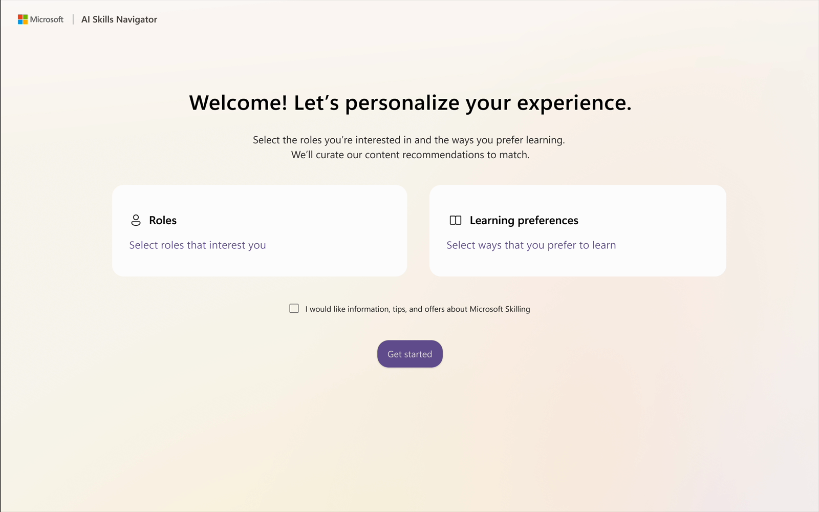 Onboarding - choosing roles of interest and learning preferences