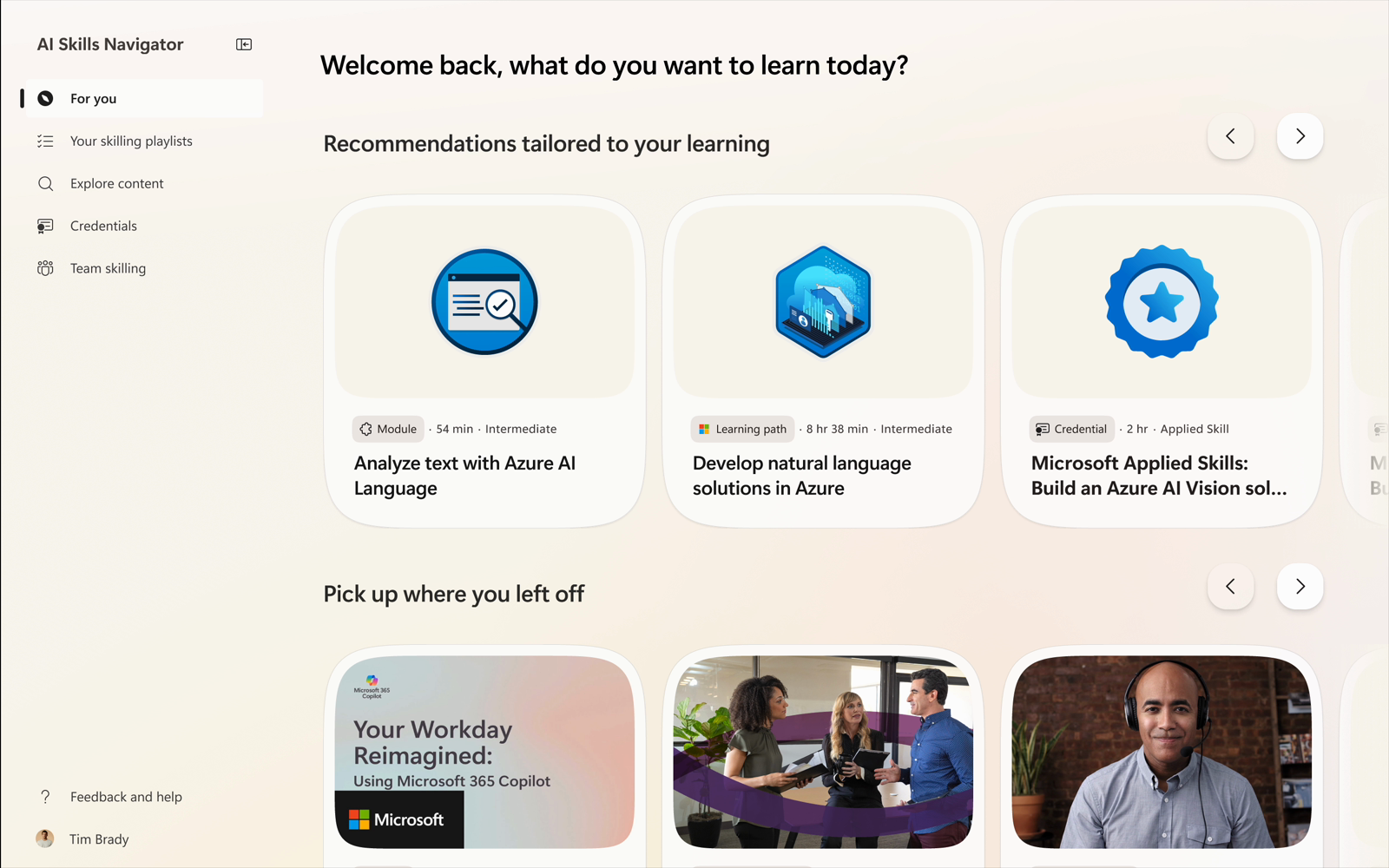 Personalized For you page with tailored learning recommendations