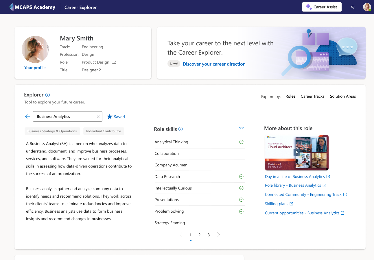 Career Explorer role page - browse a role, its skills, and related learning